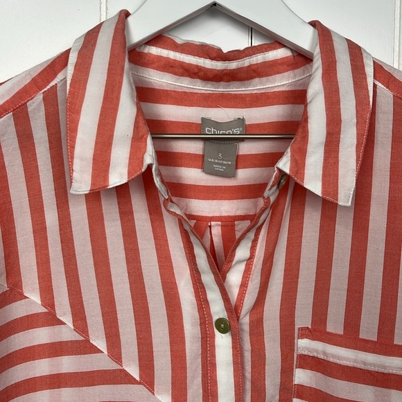 Chico’s Womens Tunic 3 Orange White Splice Stripes Button Up Button Cuff Pockets - Picture 3 of 14
